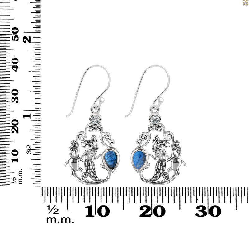 Labradorite & White Topaz Mermaid & Turtle Earring LBD-RUE-67.