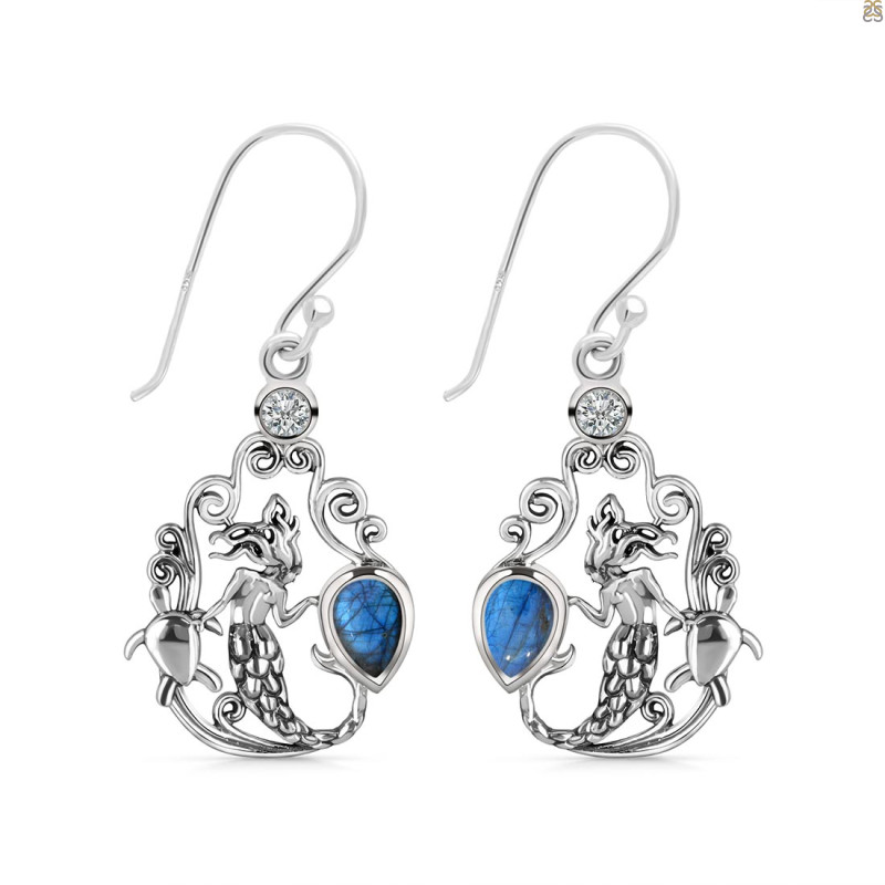 Labradorite & White Topaz Mermaid & Turtle Earring LBD-RUE-67.