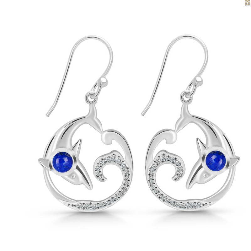 Lapis & White Topaz Dolphin & Waves Earring LLP-RUE-20.