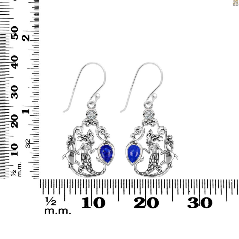 Lapis & White Topaz Mermaid & Turtle Earring LLP-RUE-67.