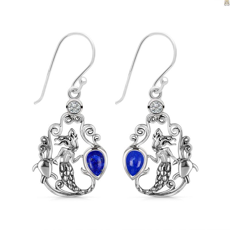 Lapis & White Topaz Mermaid & Turtle Earring LLP-RUE-67.