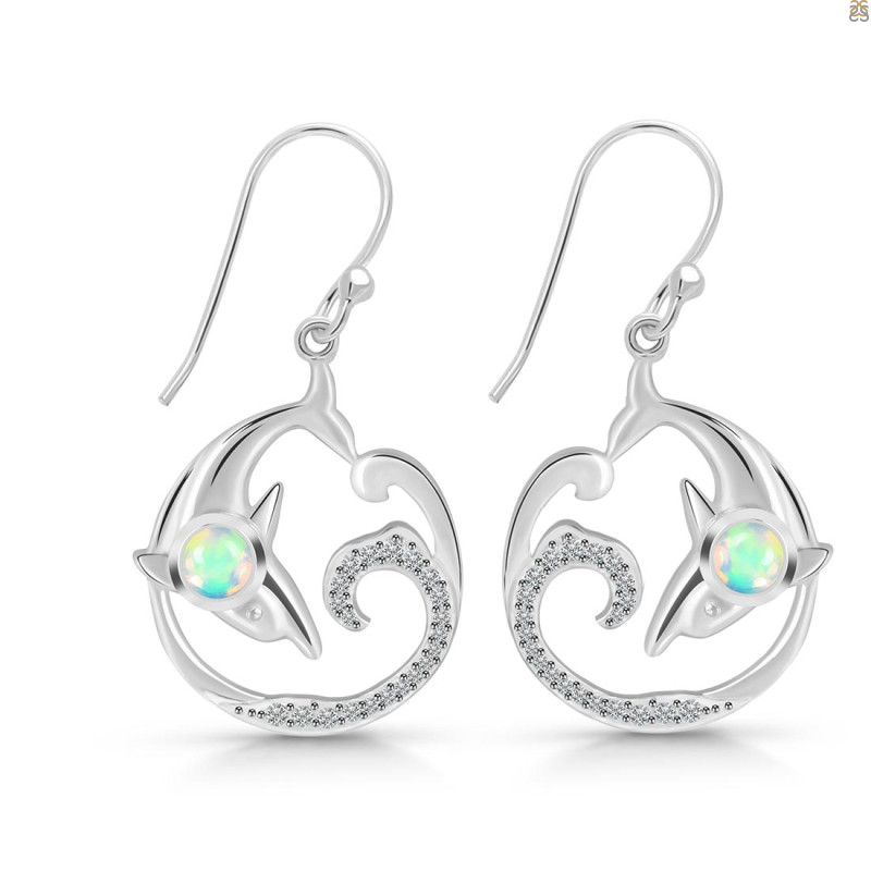 Opal & White Topaz Dolphin & Waves Earring OPL-RUE-20.