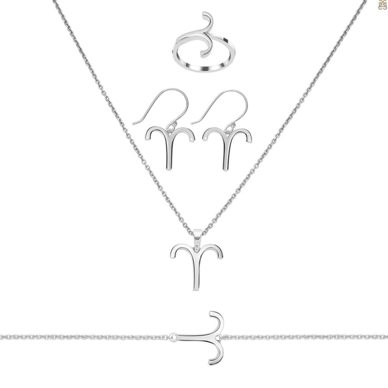 Aries Zodiac Plain Silver Jewelry Set PS-RDR-3098/RDE-1497/RDB-182/RDC-20.