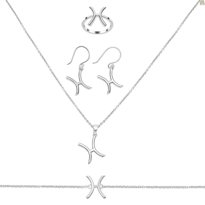 Pisces Zodiac Plain Silver Jewelry Set PS-RDR-3089/RDE-1495/RDB-181/RDC-19.