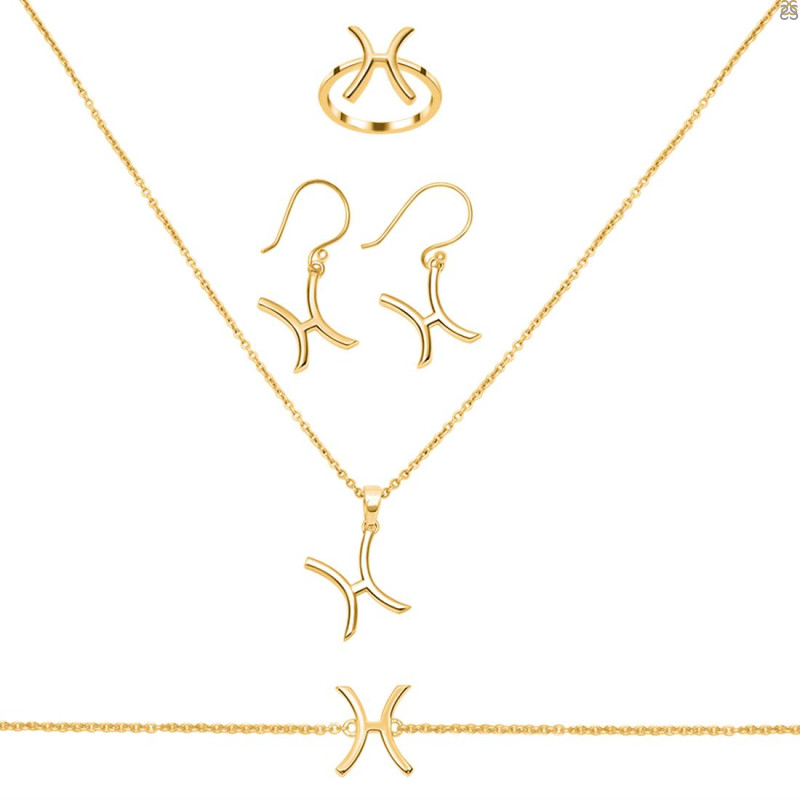 Pisces Zodiac Plain Silver Jewelry Set PS-RDR-3089/RDE-1495/RDB-181/RDC-19.
