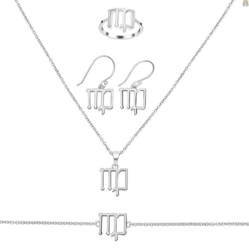 Virgo Zodiac Plain Silver Jewelry Set PS-RDR-3094/RDE-1502/RDB-187/RDC-25.