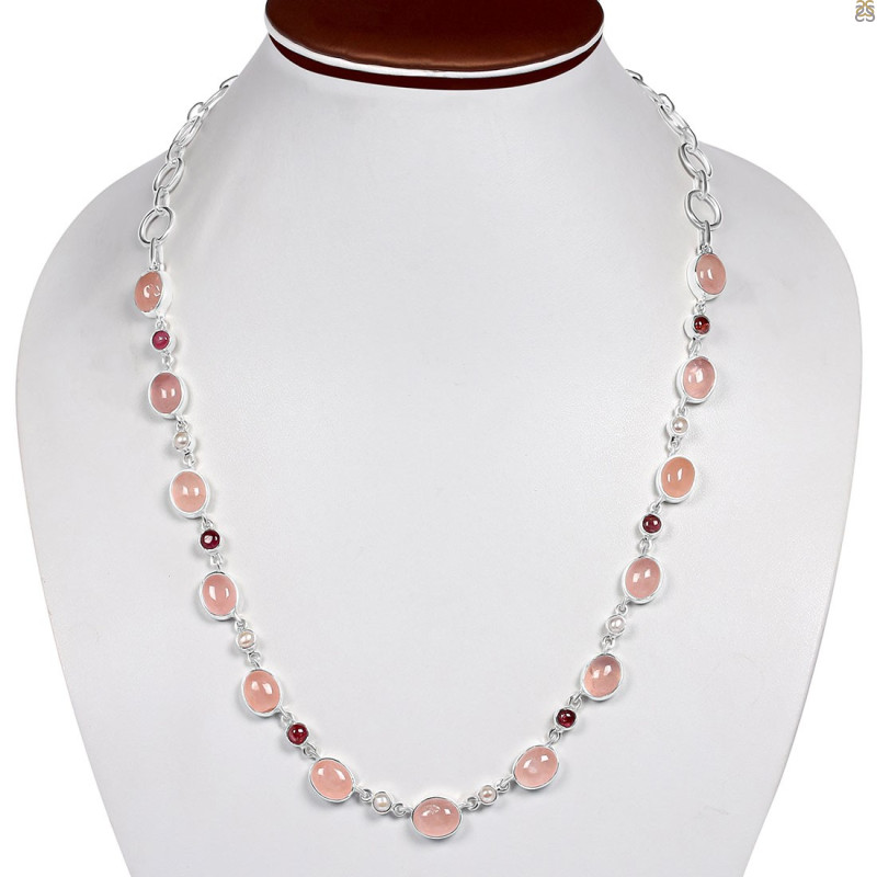 Rose Quartz/Tourmaline/Biwa Pearl Necklace-NJ RSQ-12-4