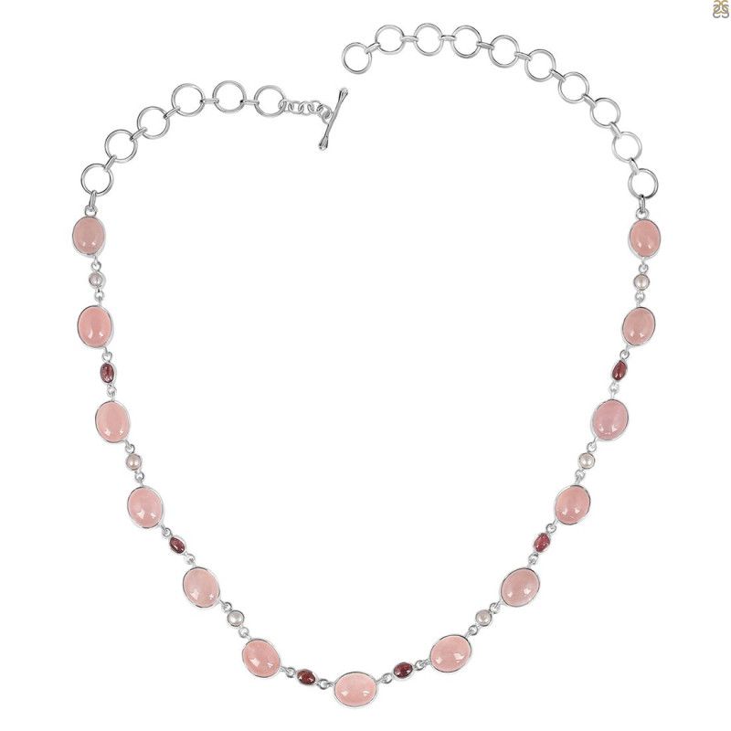 Rose Quartz/Tourmaline/Biwa Pearl Necklace-NJ RSQ-12-6