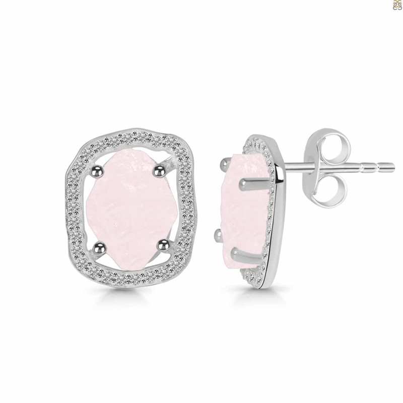 Rose Quartz Raw Crystal & White Topaz Stud Earring RSQ-RDE-1255.