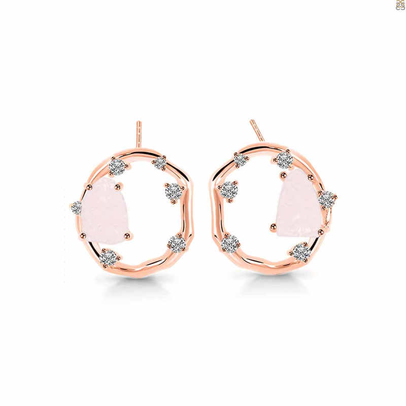 Rose Quartz Raw Crystal & White Topaz Stud Earring RSQ-RDE-1461.