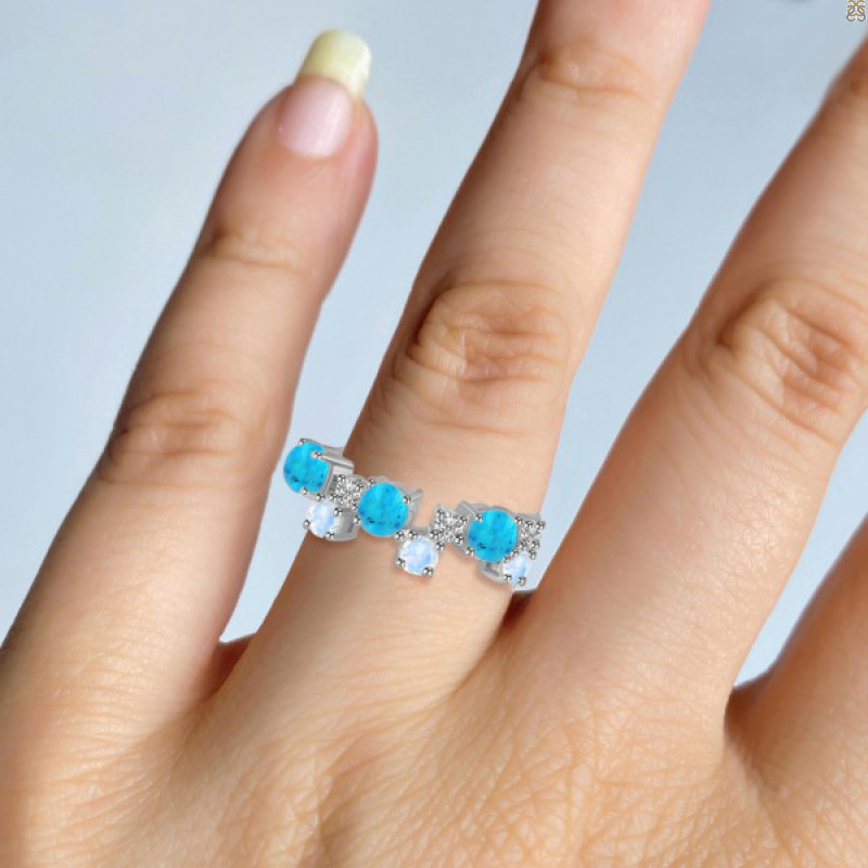 Turquoise & Moonstone & White Topaz Ring TRQ-RDR-4006.