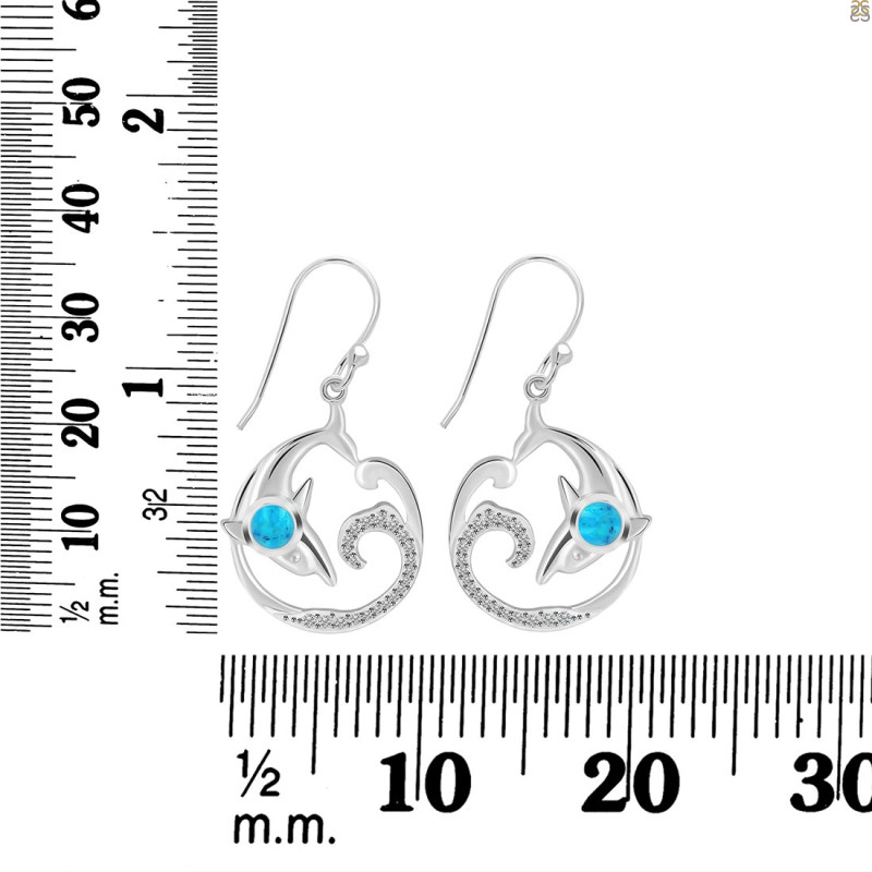 Turquoise & White Topaz Dolphin & Waves Earring TRQ-RUE-20.
