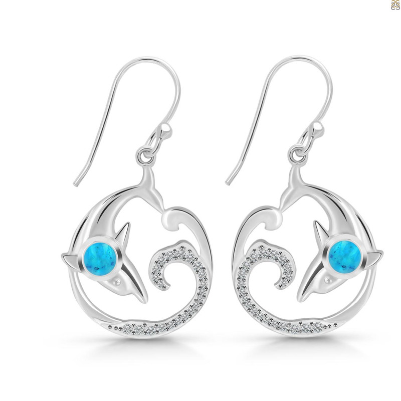 Turquoise & White Topaz Dolphin & Waves Earring TRQ-RUE-20.