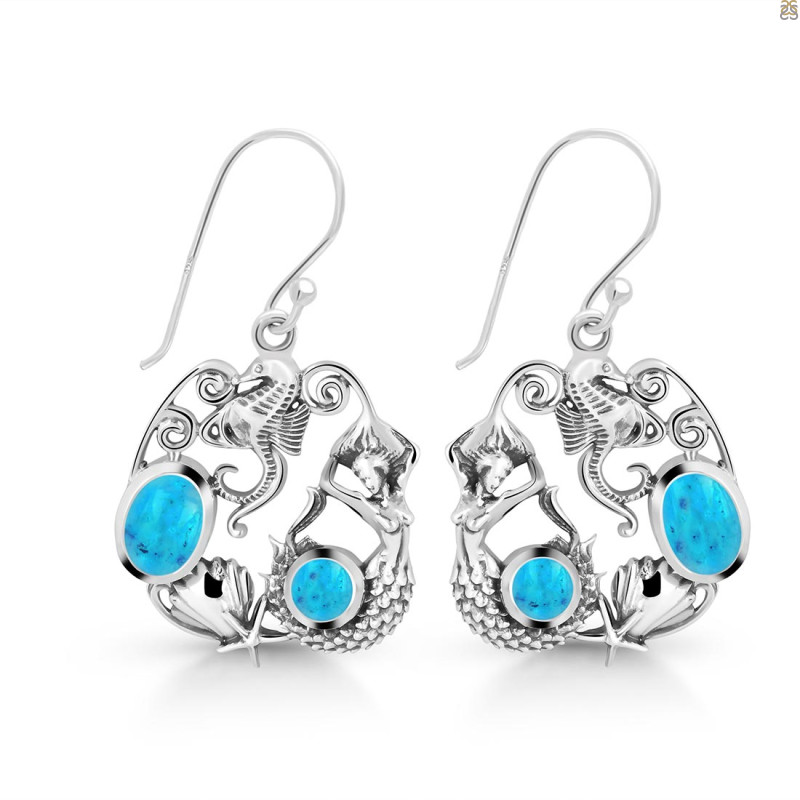 Turquoise Mermaid & Sea Horse & Star Fish & Shell Earring TRQ-RUE-66.