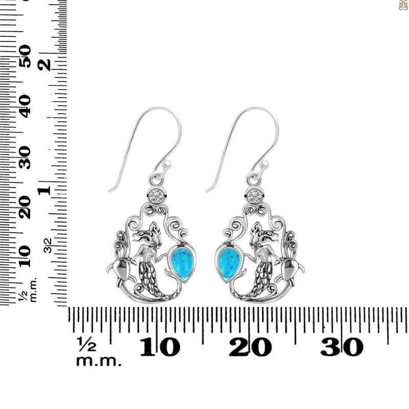 Turquoise & White Topaz Mermaid & Turtle Earring TRQ-RUE-67.