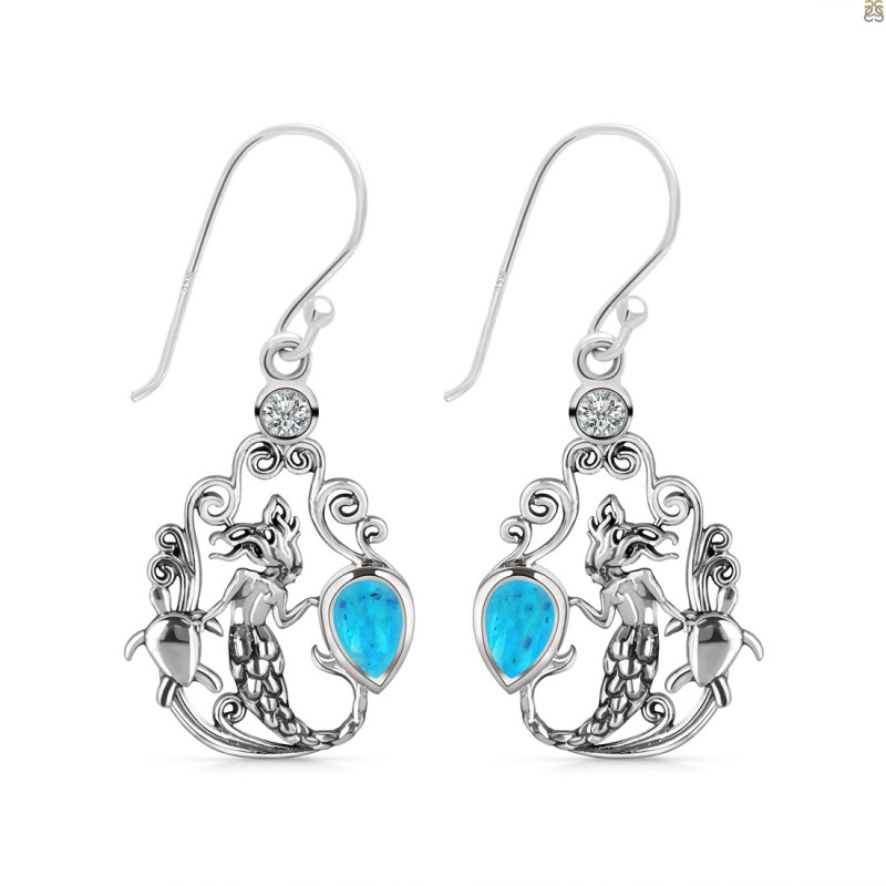 Turquoise & White Topaz Mermaid & Turtle Earring TRQ-RUE-67.
