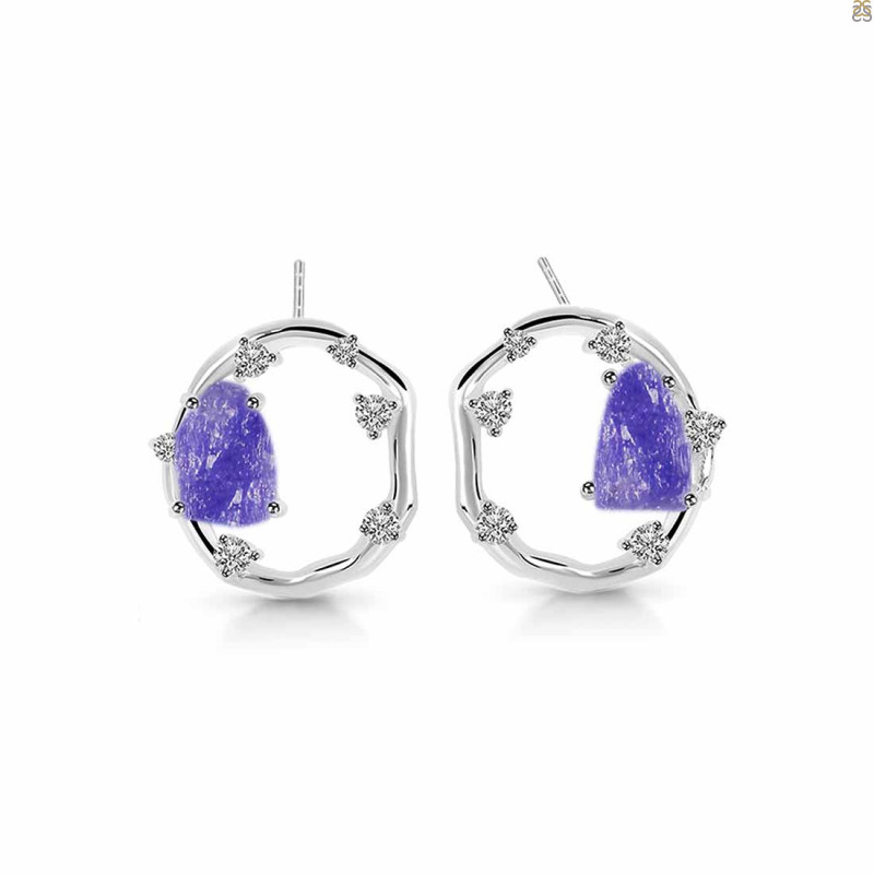 Tanzanite Raw Crystal & White Topaz Stud Earring TZN-RDE-1461.