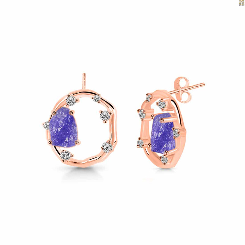 Tanzanite Raw Crystal & White Topaz Stud Earring TZN-RDE-1461.