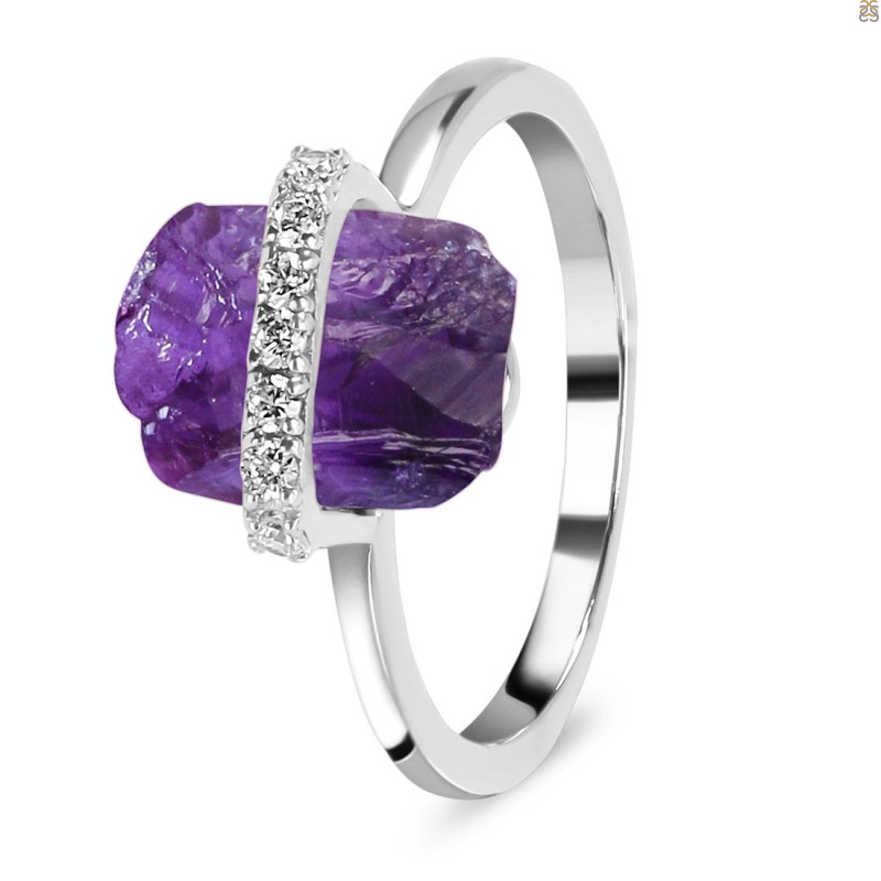 Amethyst Raw Crystal & White Topaz Ring