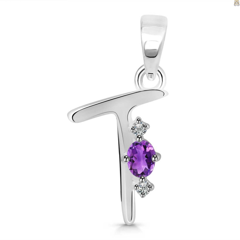 Amethyst & White Topaz Alphabet T Pendant AMT-RDA-20.