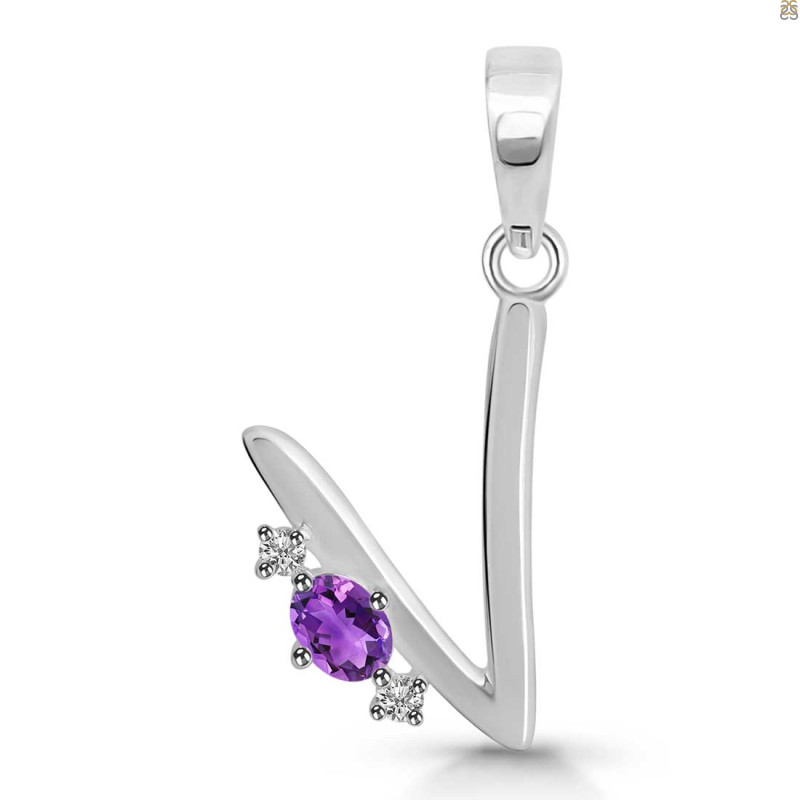 Amethyst & White Topaz Alphabet V Pendant AMT-RDA-22.