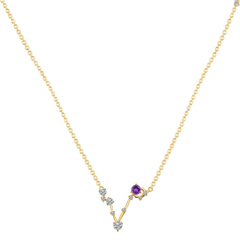 Pisces Zodiac Star Constellation Amethyst & White Topaz Necklace AMT-RDN-387.