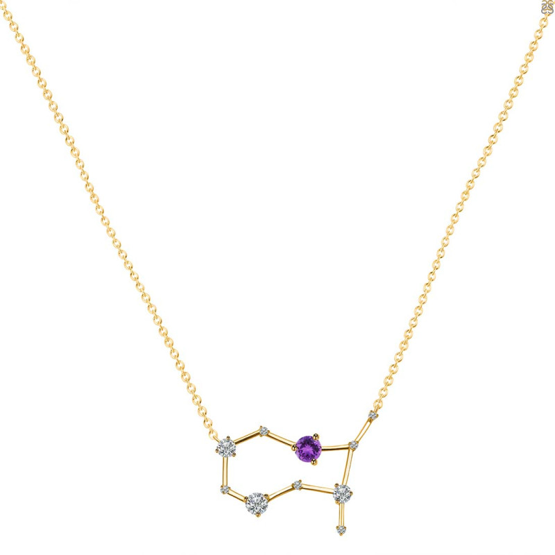 Gemini Zodiac Star Constellation Amethyst & White Topaz Necklace AMT-RDN-490.