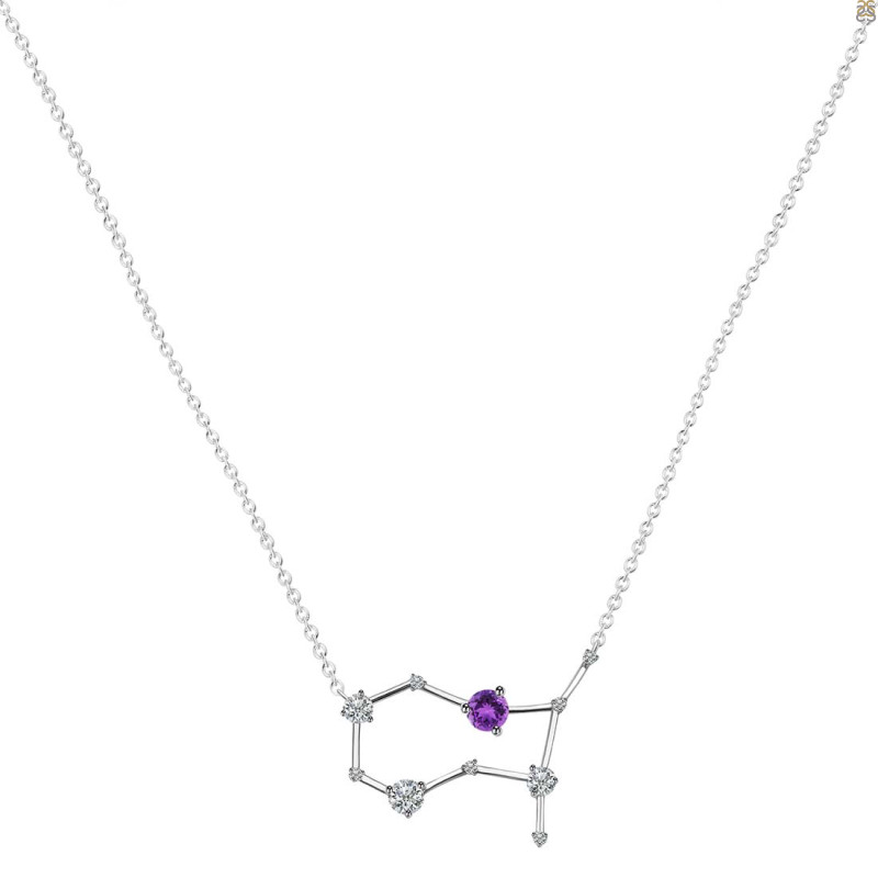Gemini Zodiac Star Constellation Amethyst & White Topaz Necklace AMT-RDN-490.