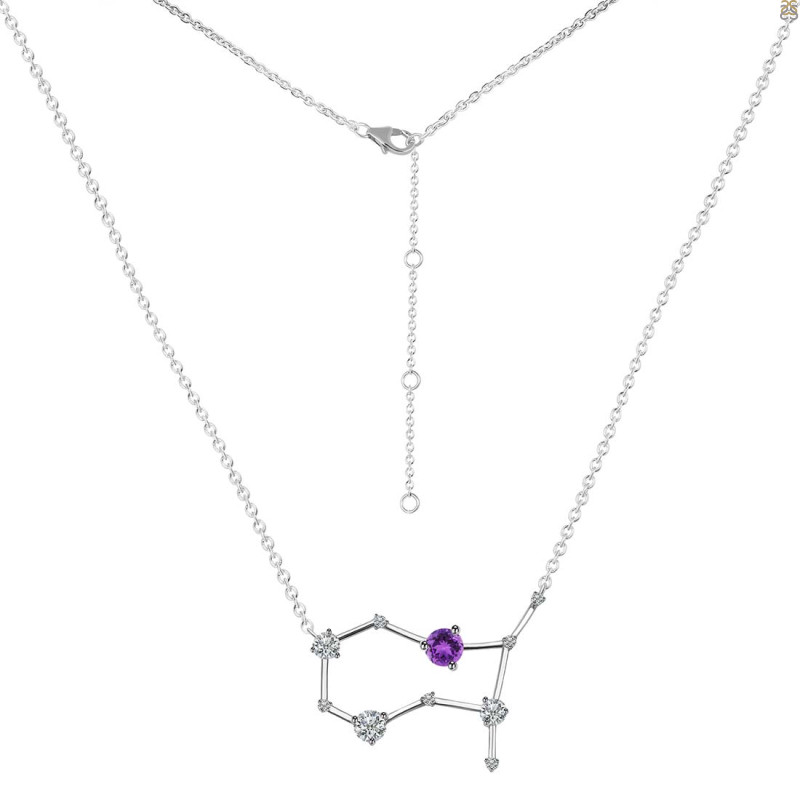 Gemini Zodiac Star Constellation Amethyst & White Topaz Necklace