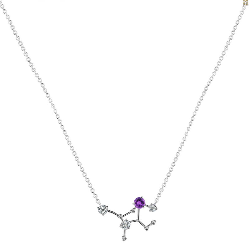 Virgo Zodiac Star Constellation Amethyst & White Topaz Necklace AMT-RDN-491.