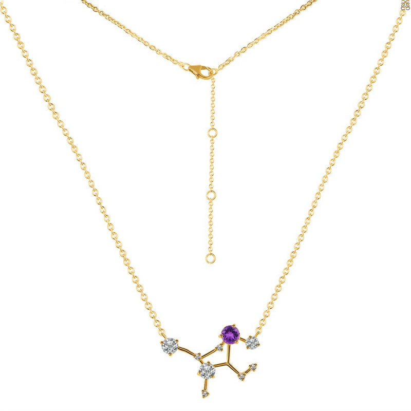 Virgo Zodiac Star Constellation Amethyst & White Topaz Necklace AMT-RDN-491.