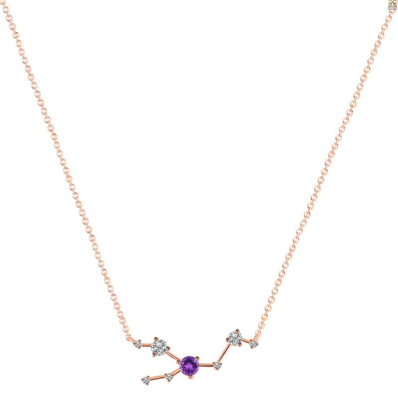Taurus Zodiac Star Constellation Amethyst & White Topaz Necklace AMT-RDN-492.