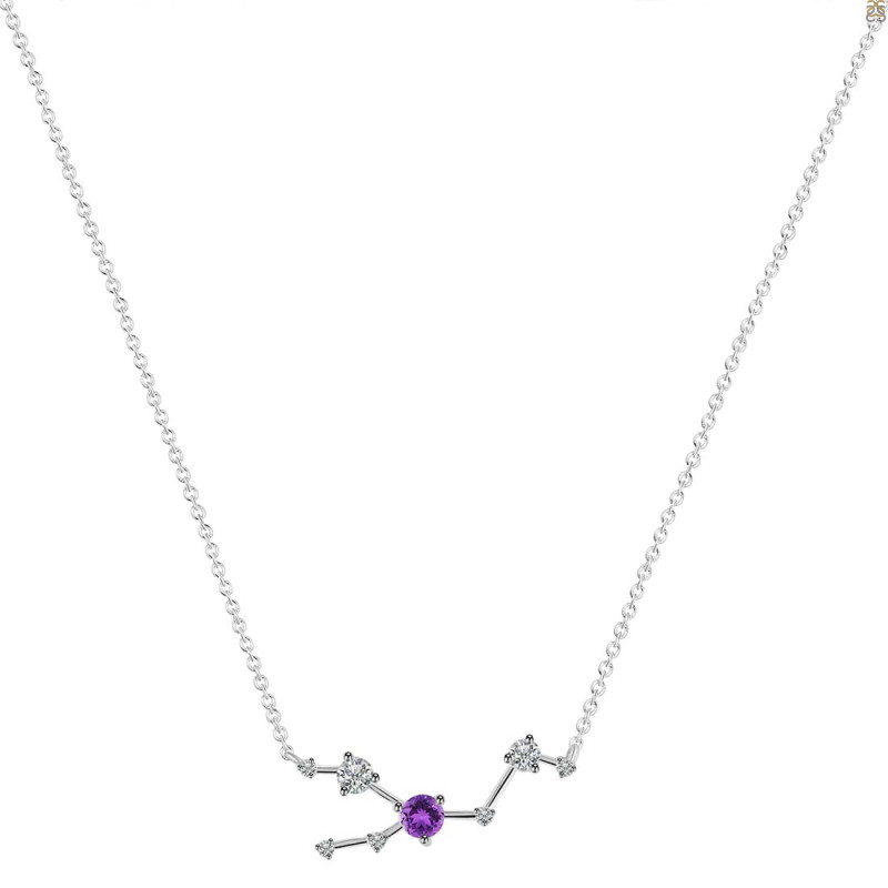 Taurus Zodiac Star Constellation Amethyst & White Topaz Necklace AMT-RDN-492.