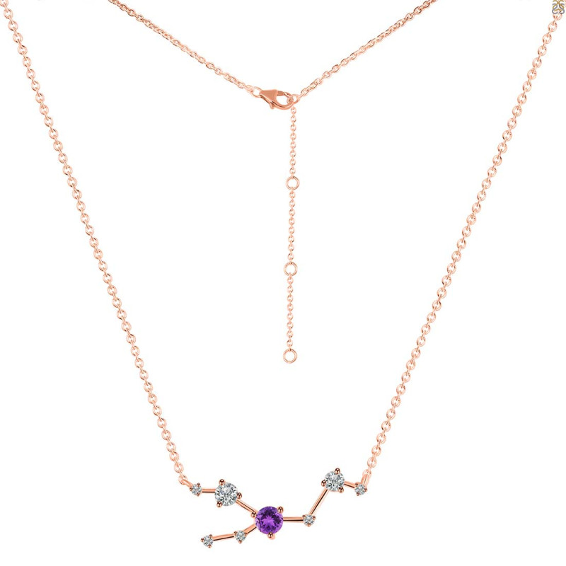 Taurus Zodiac Star Constellation Amethyst & White Topaz Necklace AMT-RDN-492.