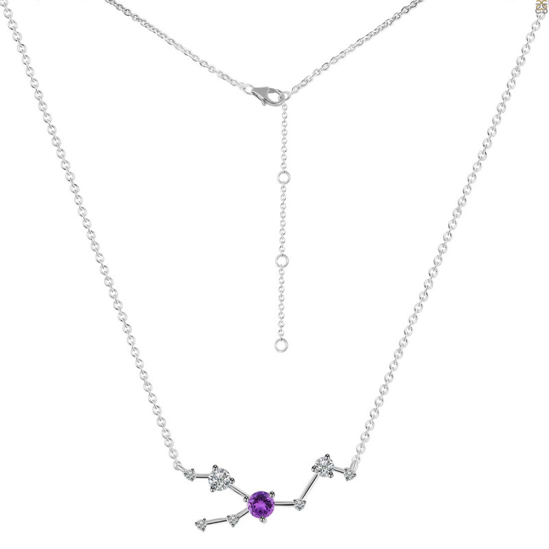 Taurus Zodiac Star Constellation Amethyst & White Topaz Necklace