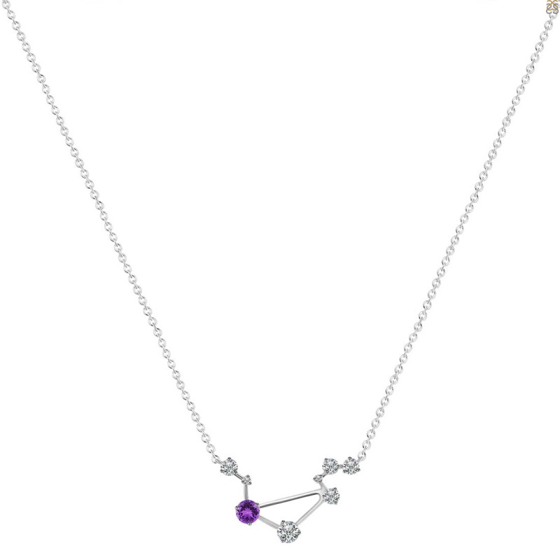 Libra Zodiac Star Constellation Amethyst & White Topaz Necklace AMT-RDN-494.
