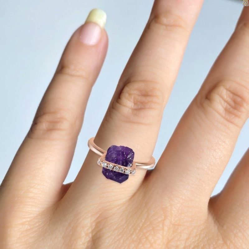 Amethyst Raw Crystal & White Topaz Ring AMT-RR-381.