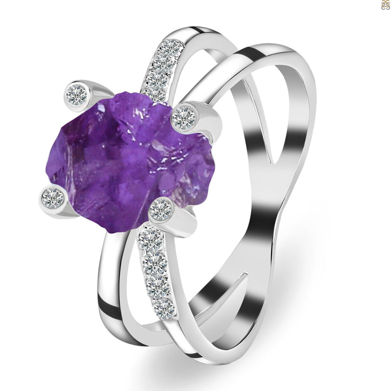 Amethyst Raw Crystal & White Topaz Ring