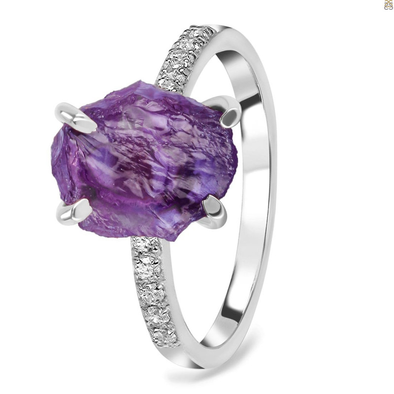 Amethyst Raw Crystal & White Topaz Ring