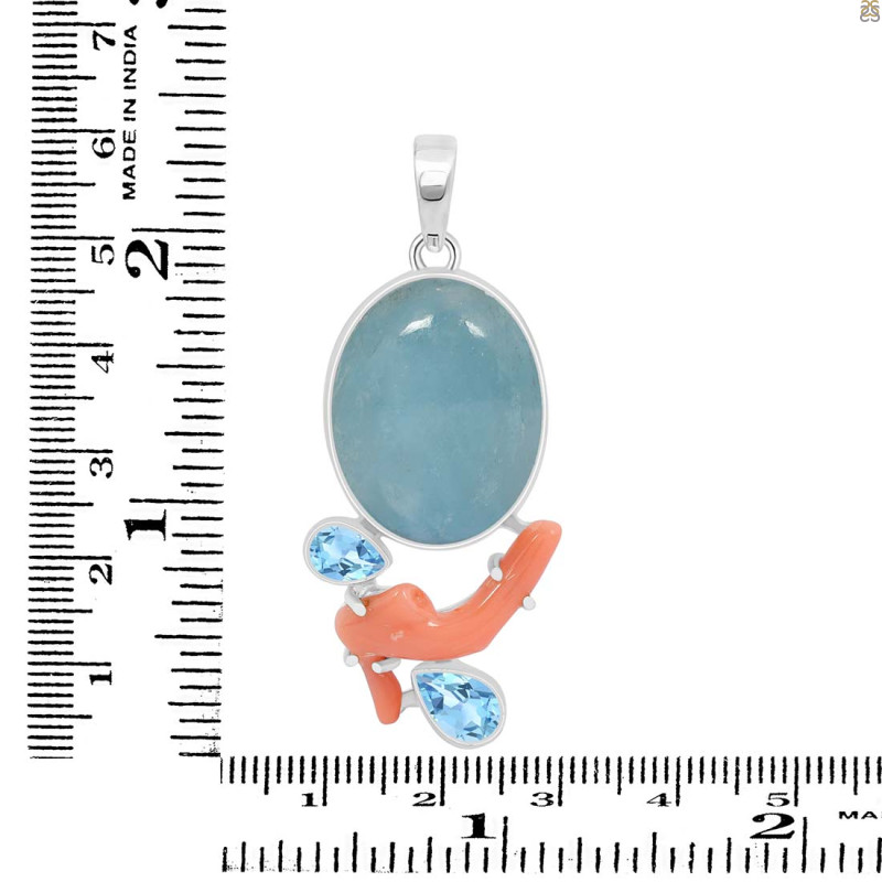 Aquamarine/Coral/Blue Topaz Pendant-2SP AQM-1-80