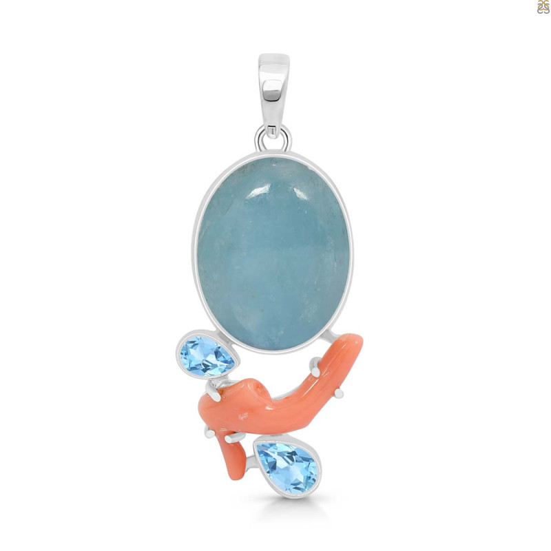Aquamarine/Coral/Blue Topaz Pendant-2SP AQM-1-80