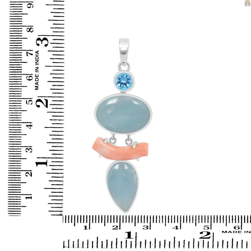 Aquamarine/Coral/Blue Topaz Pendant-2SP AQM-1-90