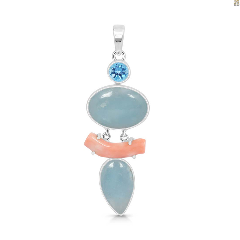 Aquamarine/Coral/Blue Topaz Pendant-2SP AQM-1-90