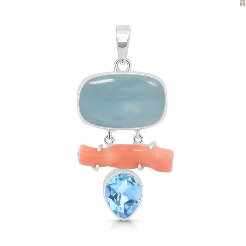 Aquamarine/Coral/Blue Topaz Pendant-2SP AQM-1-98