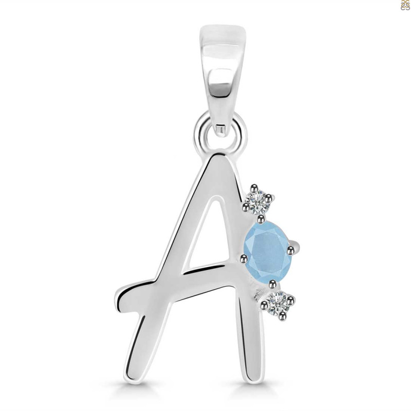 Aquamarine & White Topaz Alphabet A Pendant AQM-RDA-1.