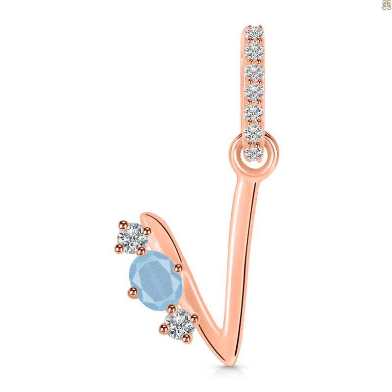 Aquamarine & White Topaz Alphabet V Pendant AQM-RDA-100.