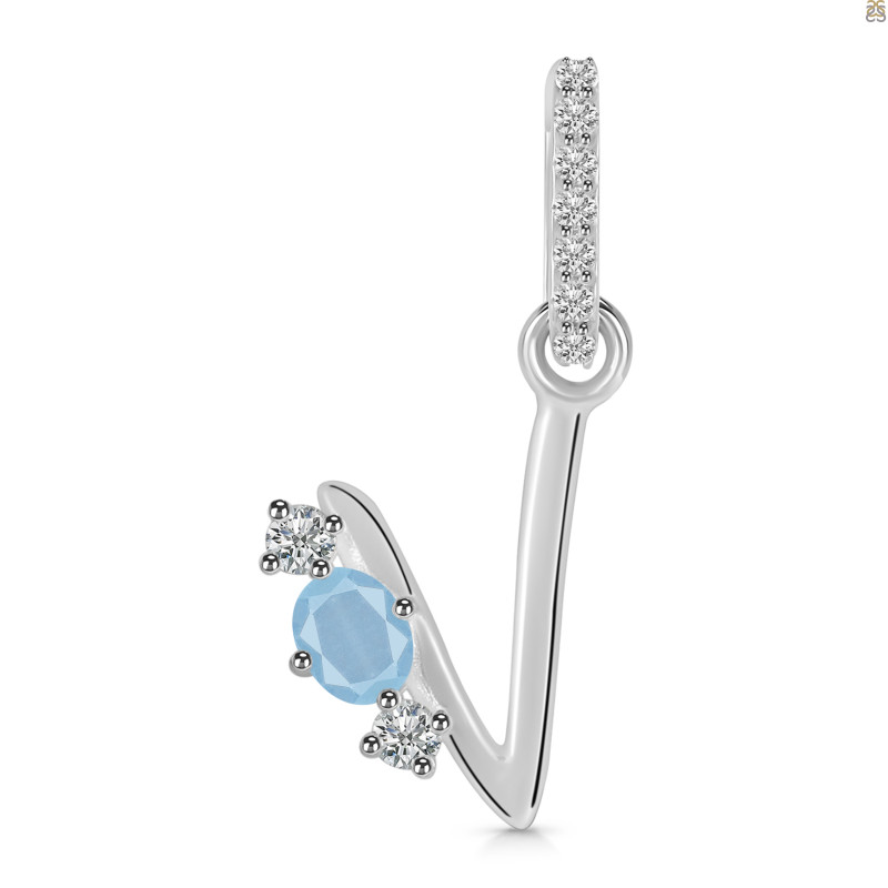 Aquamarine & White Topaz Alphabet V Pendant AQM-RDA-100.