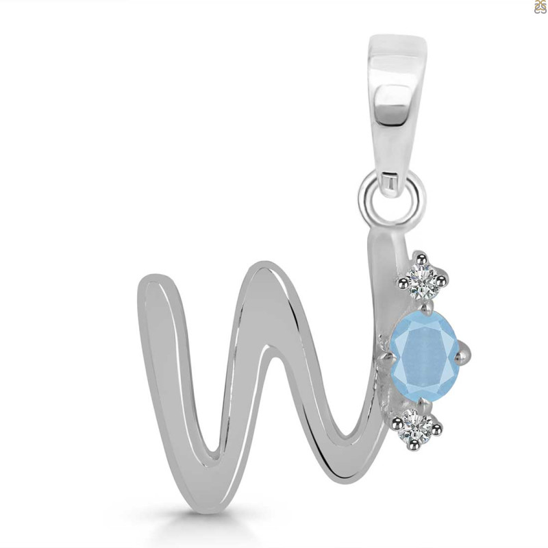 Aquamarine & White Topaz Alphabet W Pendant AQM-RDA-23.