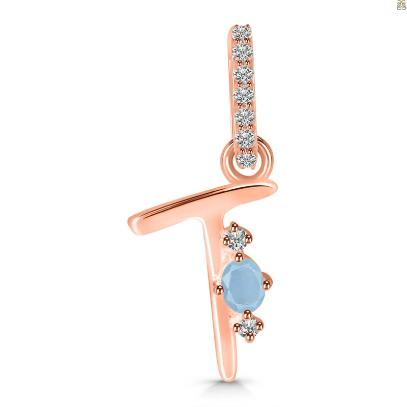 Aquamarine & White Topaz Alphabet T Pendant AQM-RDA-46.