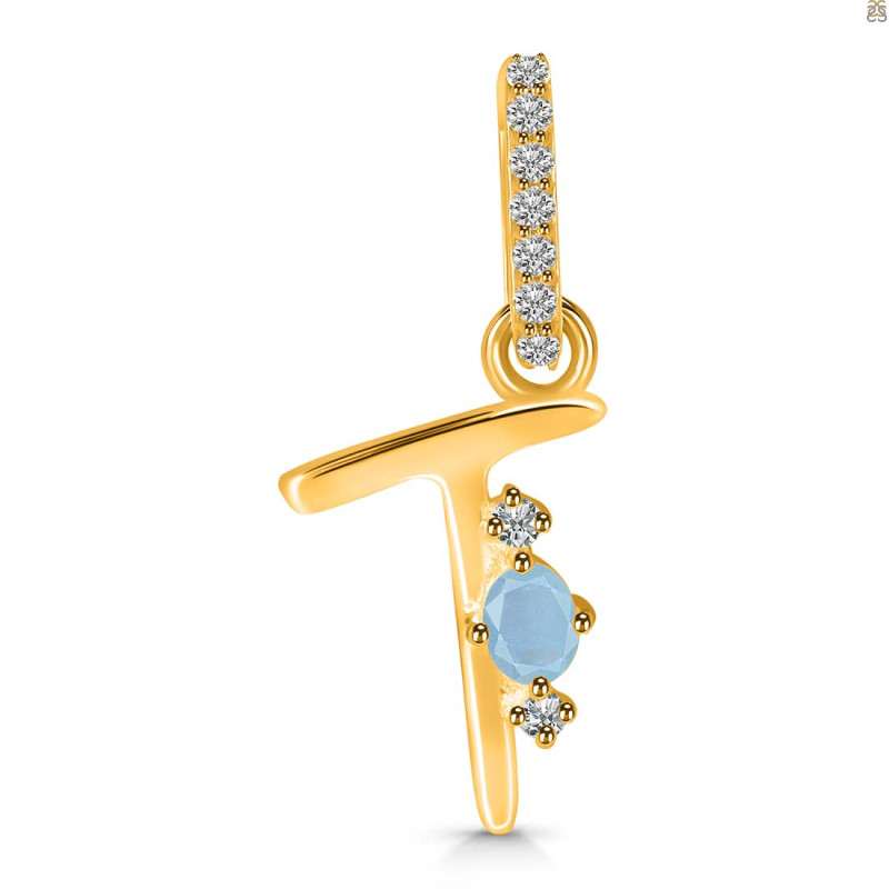 Aquamarine & White Topaz Alphabet T Pendant AQM-RDA-46.
